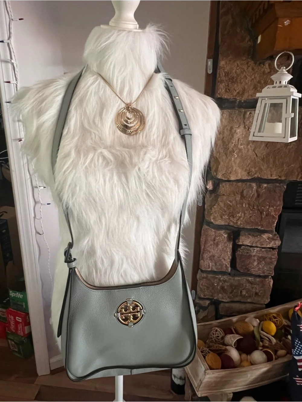 Tory Burch Light Gray Pebble Leather Crossbody with Gold Emblem